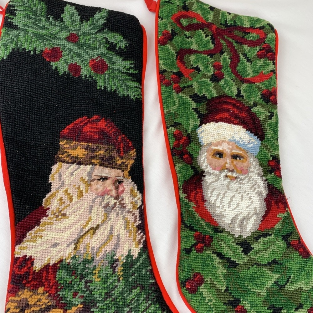 Vintage Needlepoint Christmas Stockings Set of 2 Santa Claus Holly Red Velvet - Picture 2 of 9